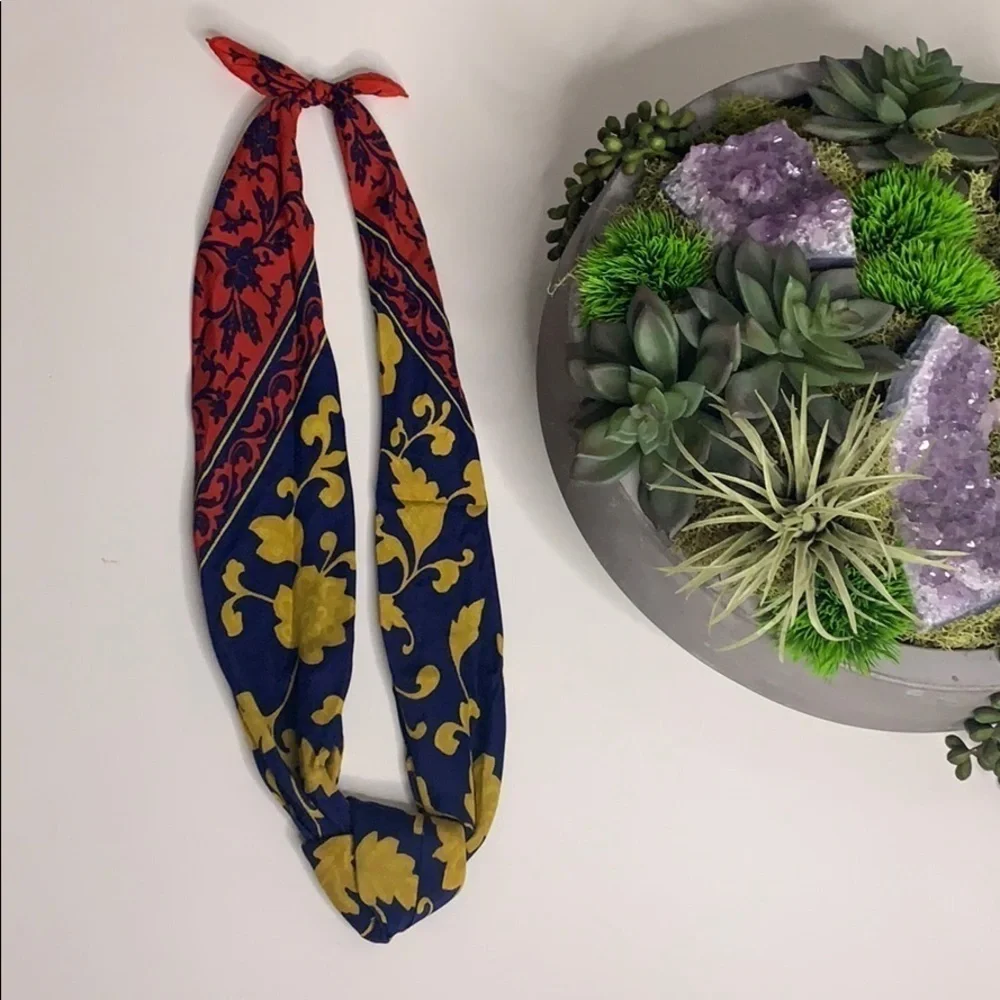 Vintage Regal Red Blue Gold Silk scarf neck tie infinity accessory